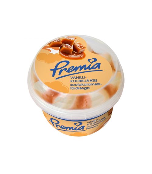 PREMIA vaniliniai grietininiai ledai su sūrios karamelės įdaru, 500 ml.